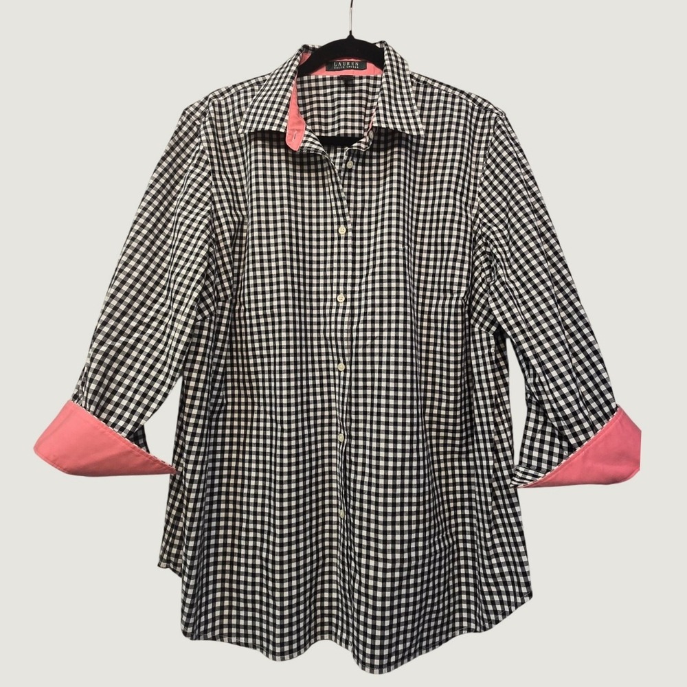 Lauren Ralph Lauren XL Gingham Button Down Shirt Black White Preppy Old Money